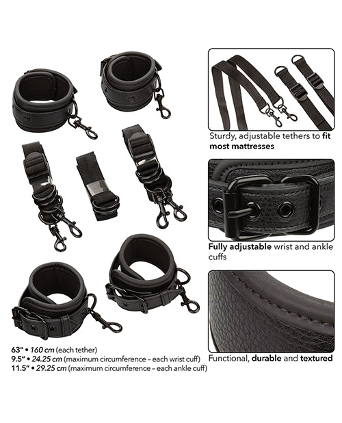 Collage of images showcasing the various features of the Nocturnal Collection Adjustable Bed Restraints. Text reads: "Sturdy adjustable tethers to fit most mattresses. Fully adjustable wrist and ankle cuffs. Functional, durable, and textured | Kinkly Shop