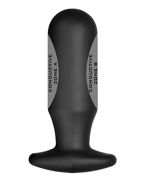 The ElectraStim Aura with two conductivity zones overlayed on top of the dildo, showcasing where the two different zones are (opposite sides of the toy on the insertable shaft). | Kinkly
