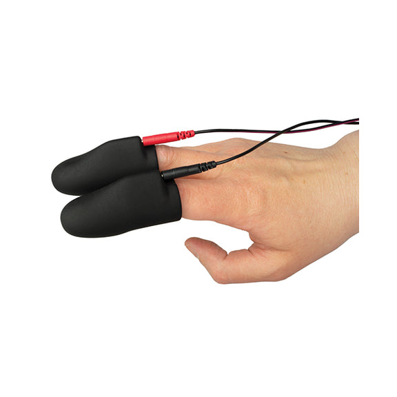 The two ElectraStim Explorer Electro Finger Sleeves shown worn on a person's fingers. There is a cord protruding out the base of each finger sleeve to power its electrosex functionalities. | Kinkly