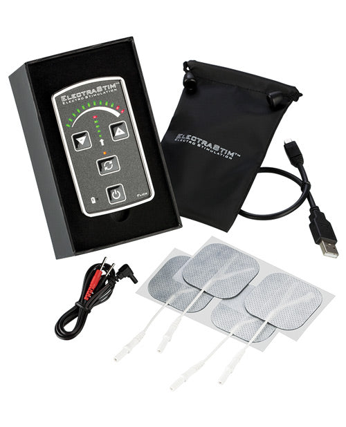The ElectraStim Flick shown next to everything it comes with. It includes a storage bag, electrodes, cables, and a charging cable. | Kinkly