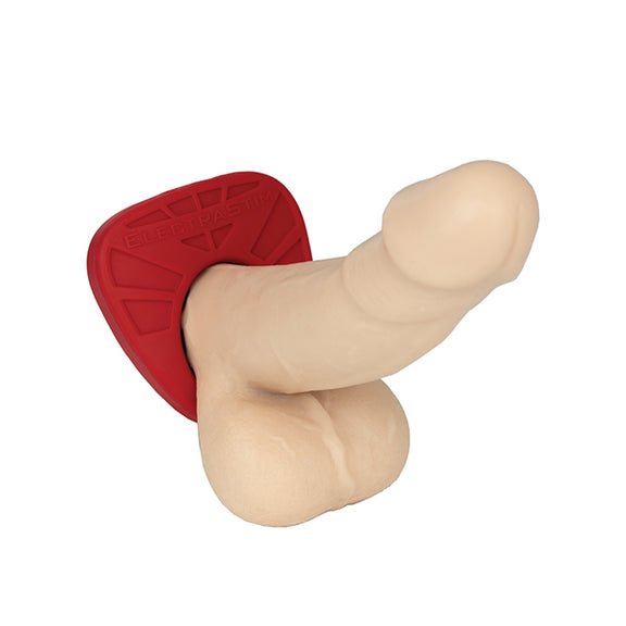 The ElectraStim Viper Cock Shield shown wrapped around the base of a realistic dildo, showcasing how it wraps around the very base, up against the pelvis. | Kinkly
