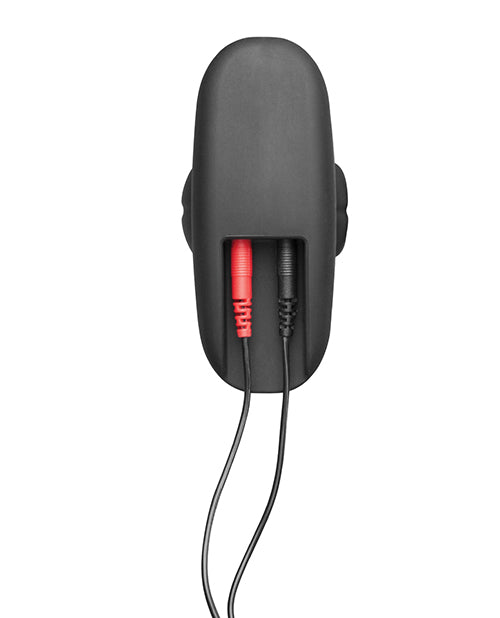 Close-up on the base of the Electrastim Noir Rocker Plug, showcases two cords plugged into the base of the plug. This plug area is recessed into the base of the toy itself, allowing the cords to come out from the base flush with the base to allow the plug to sit upright and flat while still plugged in. | Kinkly