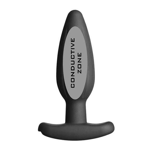 An overlay on top of the Electrastim Noir Rocker Plug showcases where the conductive zone of the plug is. It's the middle-most area of the insertable end. | Kinkly