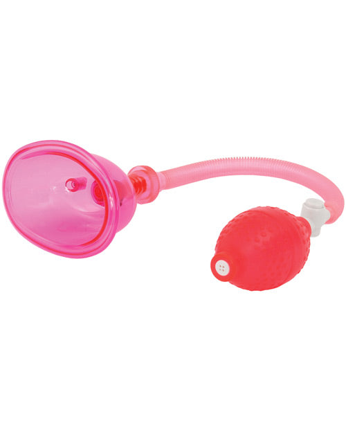 The Doc Johnson Pussy Pump laying on its side. The vulva cup is oval-shaped, the connecting hose is ribbed for easier bending, and the inflation bulb is oval-shaped. | Kinkly Shop