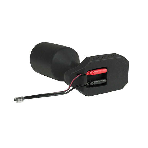 Underside of the ElectraStim World's Most Comfortable Electro Butt Plug with two cables plugged into it. The cable feeds directly out the side of the base, allowing the plug to sit upright comfortably. | Kinkly