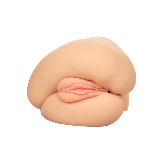 The Stroke It Side Banger with the vulva facing the camera. The stroker's "thighs" are crossed, giving a very realistic view of a person laying on one hip with their ass presented to their lover. | Kinkly Shop