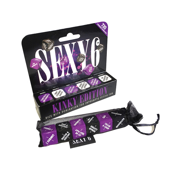 The Sexy 6 Dice Games Kinky die. Some of the words on the die include: I submit, I choose, Master and Servant, Boss and Assitant, Spanking, Ice or Heat Play, Remain Clothed, Collar and Leash, Gag, Bathroom, Bedroom. | Kinkly Shop