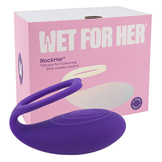 The Wet for Her RockHer 2.0 in purple shown in front of its packaging | Kinkly Shop