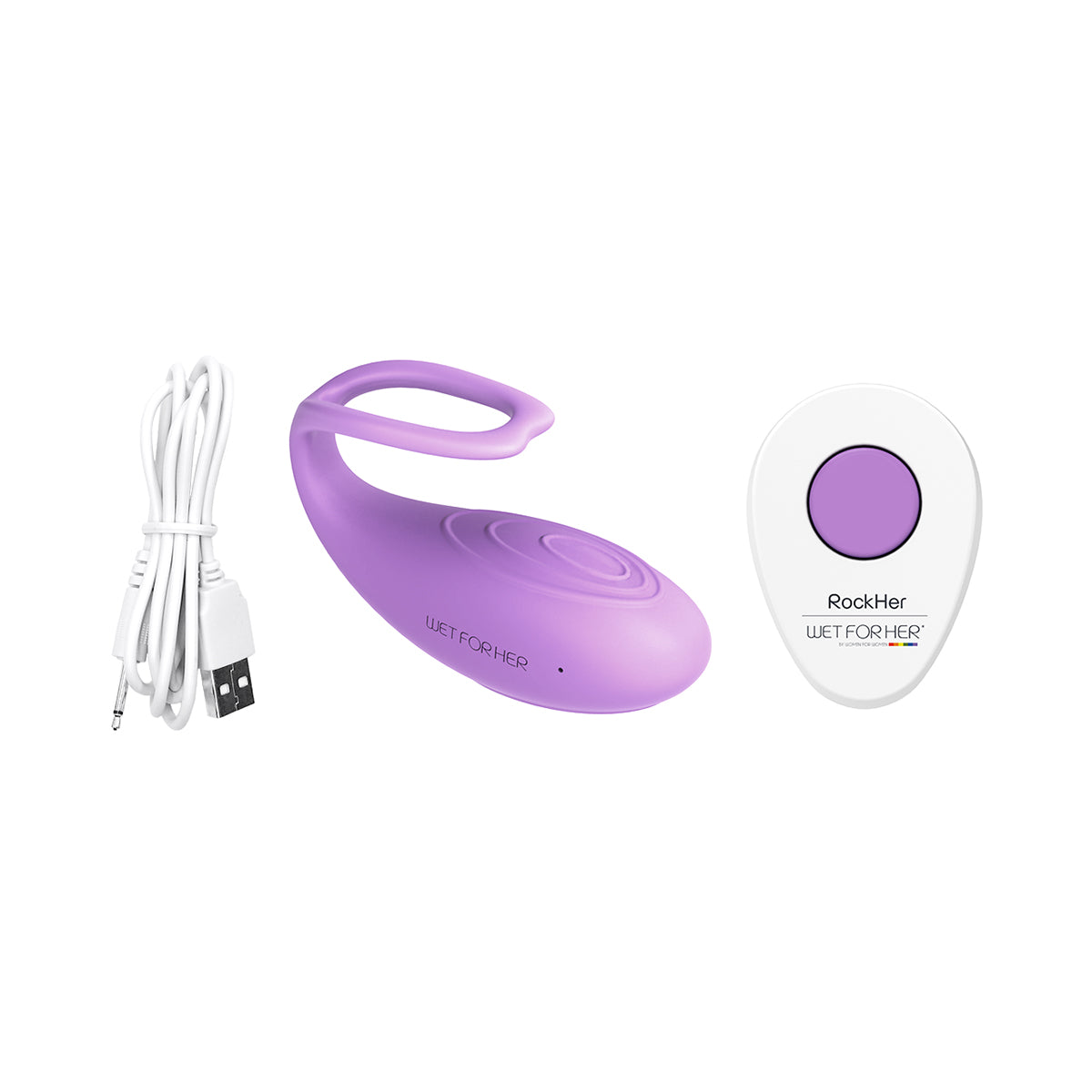 The Wet for Her RockHer 2.0 shown next to everything it comes with. This includes the vibrator, the remote, and the charging cable. | Kinkly Shop