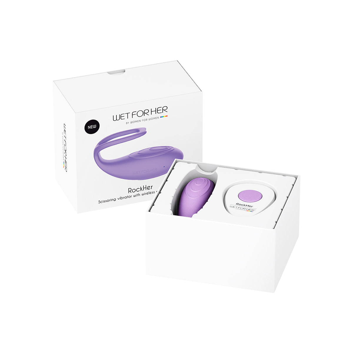 The Wet for Her RockHer 2.0 shown inside of its packaging in Lilac | Kinkly Shop