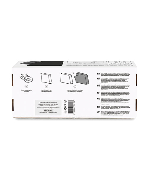 Backside of the packaging of the KIIROO KEON Accessory: Multifunctional Pillow including illustrations that show how to set up the pillow. | Kinkly Shop