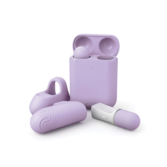 The JimmyJane Hello Touch Pro shown inside of their storage and charging case next to the finger sleeves that they slide into for texture and adhering to the finger. | Kinkly