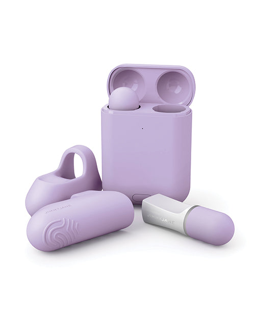 The JimmyJane Hello Touch Pro shown inside of their storage and charging case next to the finger sleeves that they slide into for texture and adhering to the finger. | Kinkly