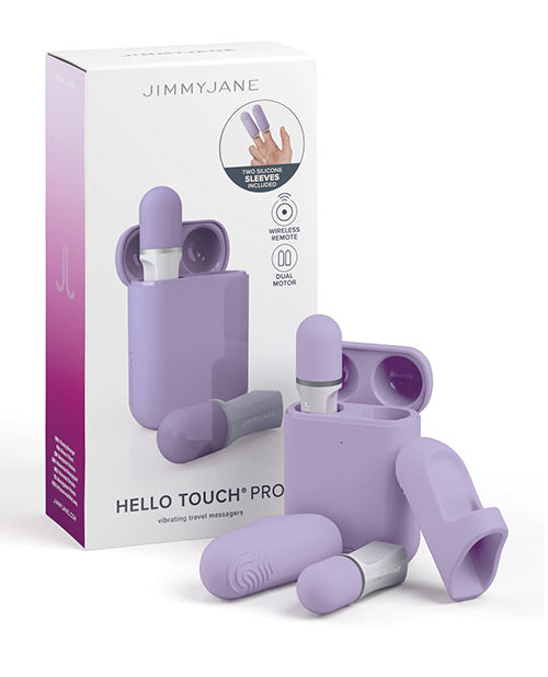 The packaging for the JimmyJane Hello Touch Pro shown next to the vibrators. | Kinkly