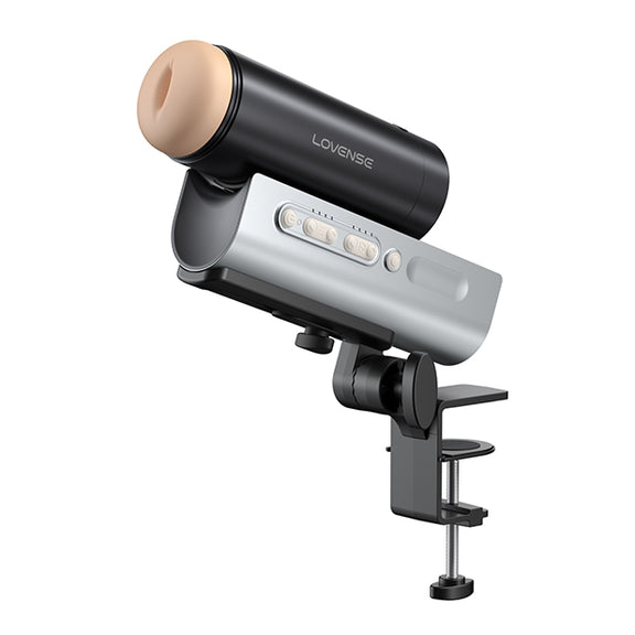The Lovense Solace Pro attached to the desk clamp and shown upright. | Kinkly