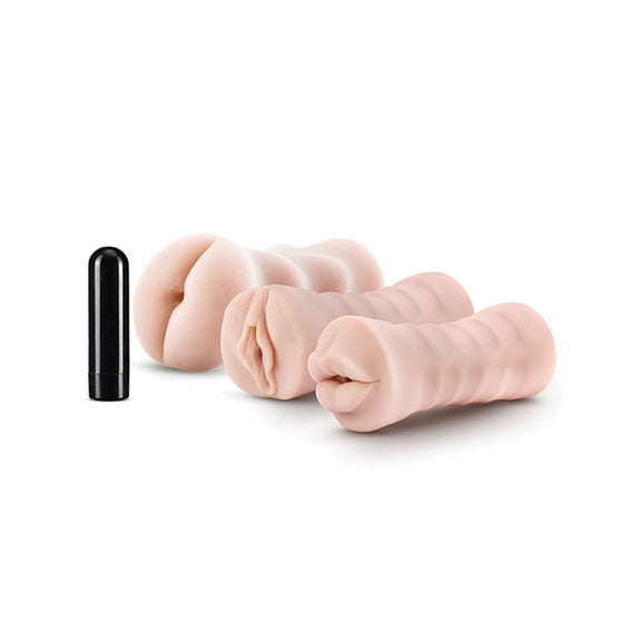 All three strokers shown next to a vibrating bullet that can be used inside any of the strokers. It's everything included in the Blush Soft & Wet 3-Pack | Kinkly