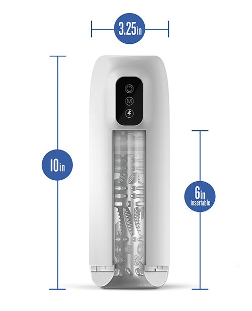 The Blush Robo-Bator with measurements superimposed over top of the toy. The stroker is 10" in total length with an insertable length of 6". It has a width of 3.25". | Kinkly