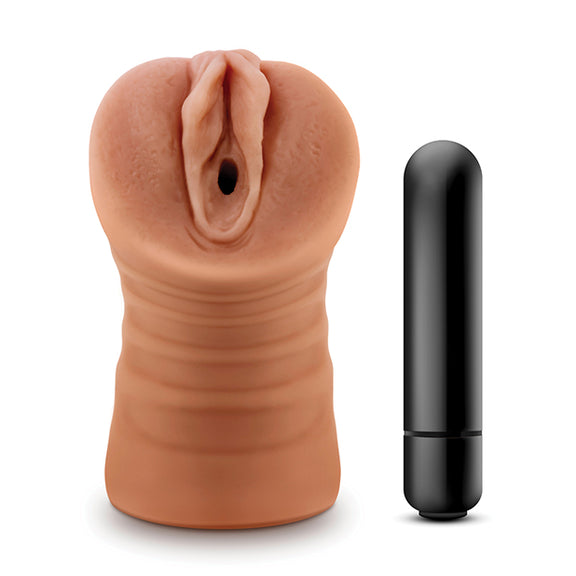 The Blush Julieta stroker shown next to the included vibrating bullet that comes with it. | Kinkly Shop