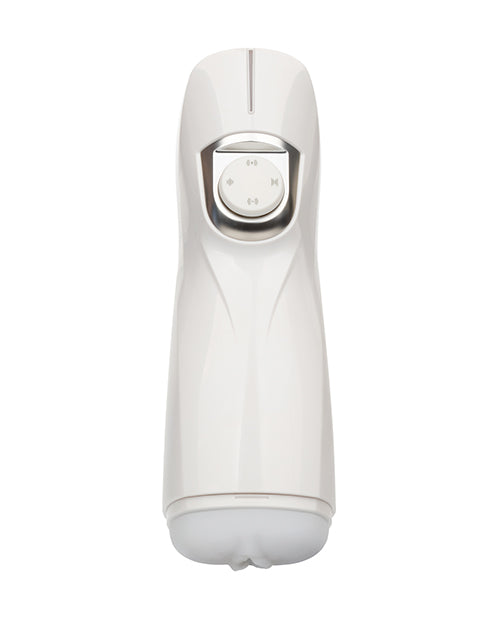 The Optimum Power Lifelike Pulsar in front of a plain white background. There's a circular control panel near the tip of the stroker. | Kinkly Shop