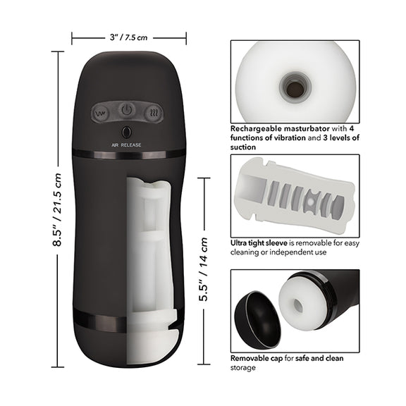 The Optimum Power Pulsar Stroker shown next to a collage of images that showcase its features. Text on the image includes: Rechargeable with 4 functions of vibration and 3 of suction. Ultra tight sleeve is removable for easy cleaning . Removable cap for safe and clean storage. | Kinkly Shop