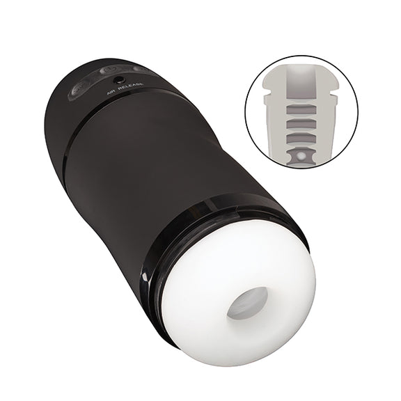 Optimum Power Pulsar Stroker shown next to a cross-section of the internal ribbed texture inside of it. | Kinkly Shop