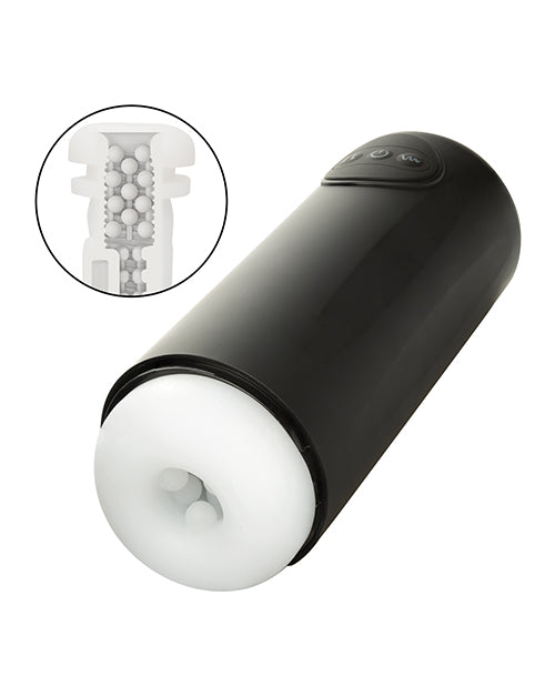 The Optimum Power Vibrating & Thruster Stroker shown next to a cross-section texture of the interior, showcasing the interior nodules that are the texture. | Kinkly Shop