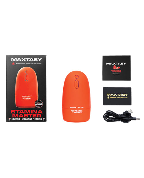 Everything included with the Maxtasy Stamina Master including the toy itself, the instructions, and the charging cable. | Kinkly Shop