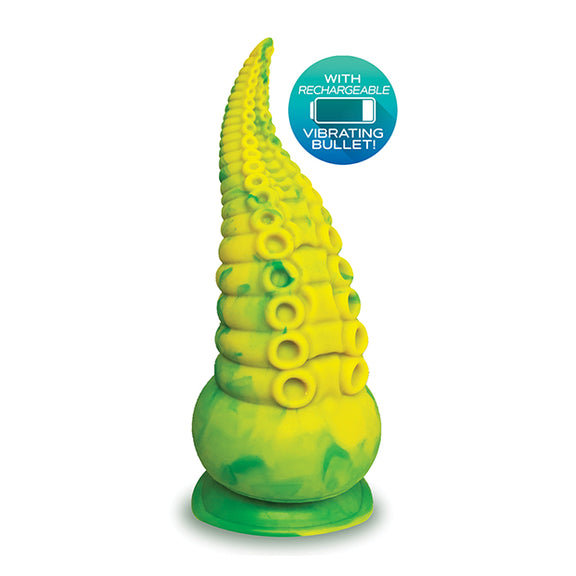 The Alien Nation Octopod in front of a plain white background. A small icon also says "With rechargeable vibrating bullet!" next to the dildo. | Kinkly Shop
