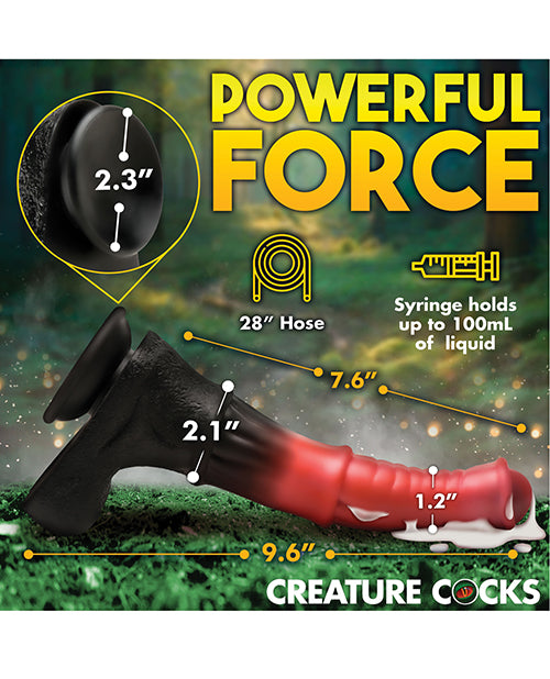 The Creature Cocks Squirting Centaur with measurements superimposed on top of it. Text on the image also reads: 28 foot hose. Syringe holds up to 100mL of liquid | Kinkly Shop