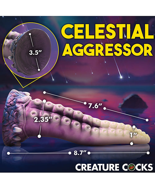 The Creature Cocks Astropus with measurements superimposed overtop of it. All measurements are included within the product text. | Kinkly Shop