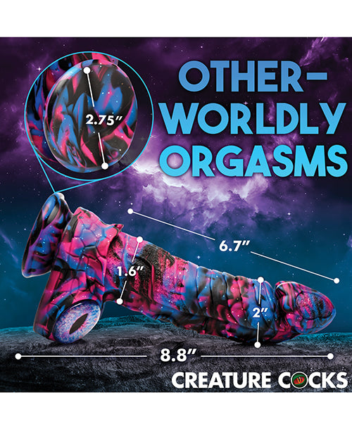 The Creature Cocks Alienoid shown with measurements superimposed over the dildo's photo. All measurements are included within the product text. | Kinkly Shop