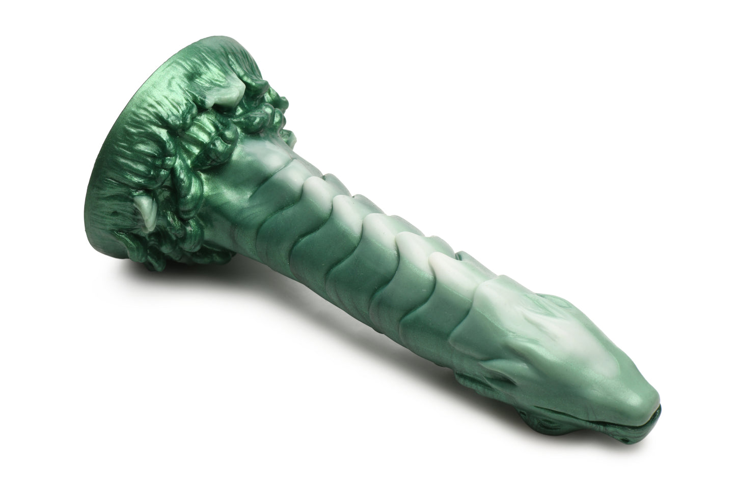 Underside of the Creature Cocks Cockness Monster dildo, showcasing the ribbed panel of the dragon's design. It has "choppy sea" texturing at the base. | Kinkly Shop