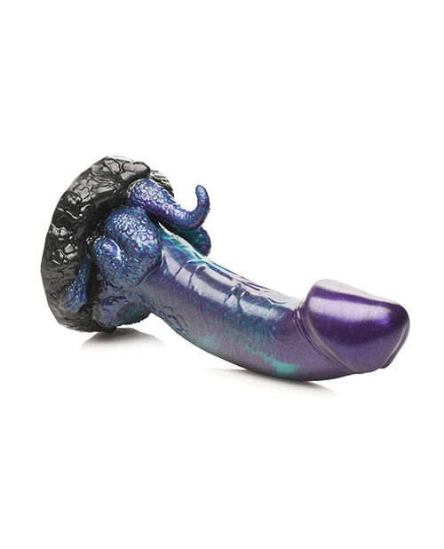 The Creature Cocks Dino Dick in Large shown against a plain white background. The dildo head is extremely pronounced with a curved tip. | Kinkly Shop
