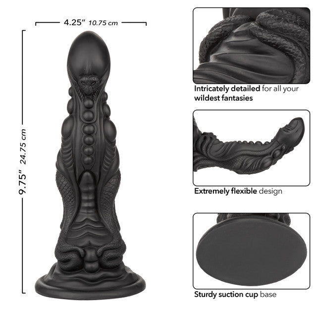 Collage of images showcasing the Monster Dong Colossus. Text reads: "Intricately detailed for all your wildest fantasies. Extremely flexible design. Sturdy suction cup base." | Kinkly Shop
