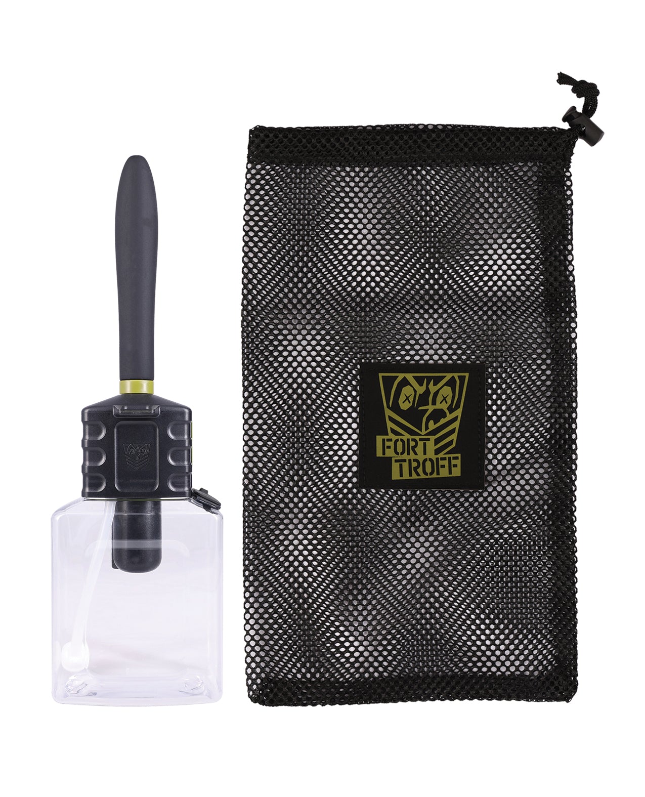The Fort Troff Hydro-Pro Automatic Cleaning System shown next to the mesh drawstring bag that it comes in | Kinkly Shop