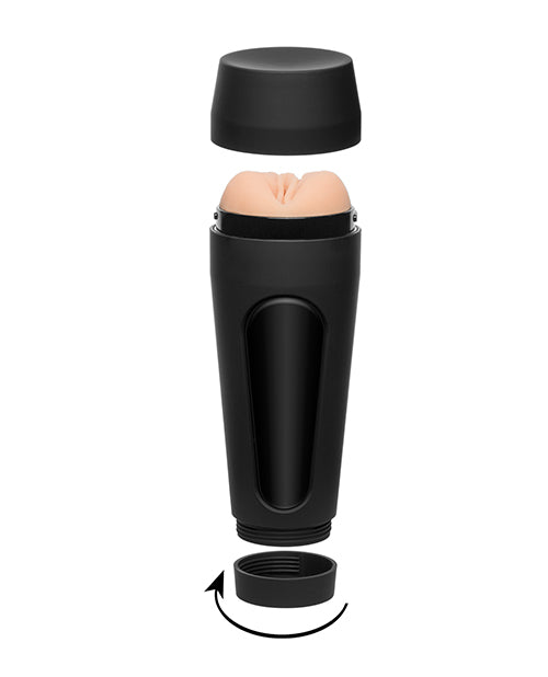 The lid and end cap shown removed from the Main Squeeze - Lexi Luna, showcasing how the lids work with the discreet black case of the stroker. | Kinkly
