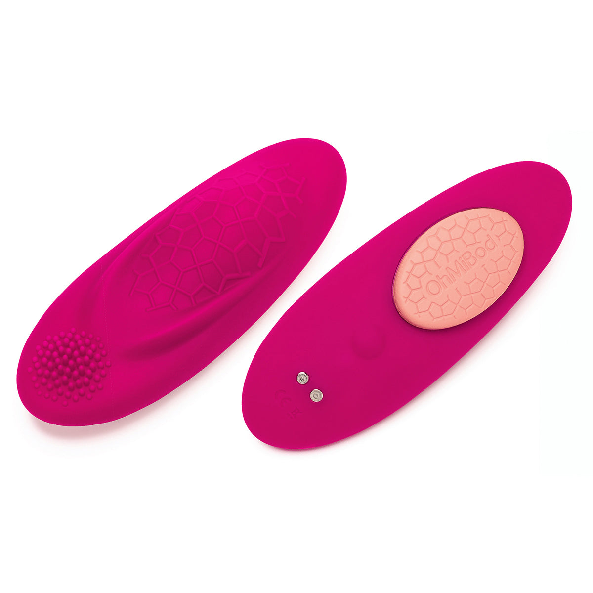 Two of the OhMiBod Foxy shown next to one another. One side showcases the textured side to press against the clitoris while the other side shows the unique, textured magnet that holds the vibrator onto a panty. | Kinkly