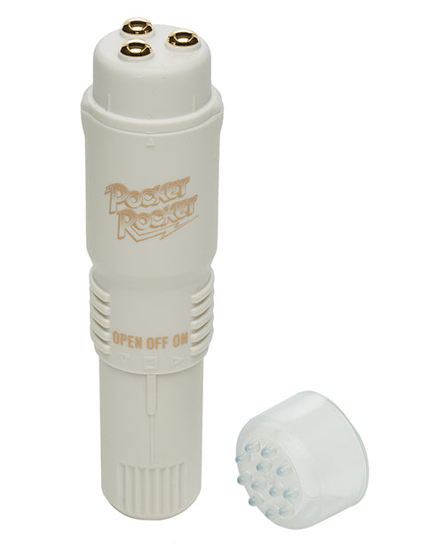 The Doc Johnson Pocket Rocket shown with the textured cap removed from the top of the toy, laying next to the toy. | Kinkly Shop