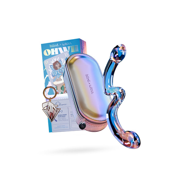 Everything included with the Biird OhWii including the storage case, a keychain, the dildo itself, and beautiful packaging | Kinkly Shop