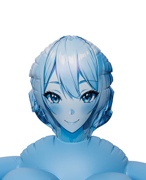 Close-up of the anime face printed onto the ANIME Love Doll in blue | Kinkly Shop
