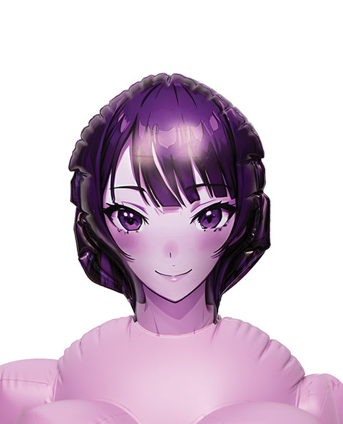 Close-up of the ANIME Love Doll's face in purple. It's printed onto the inflated head of the doll. | Kinkly Shop