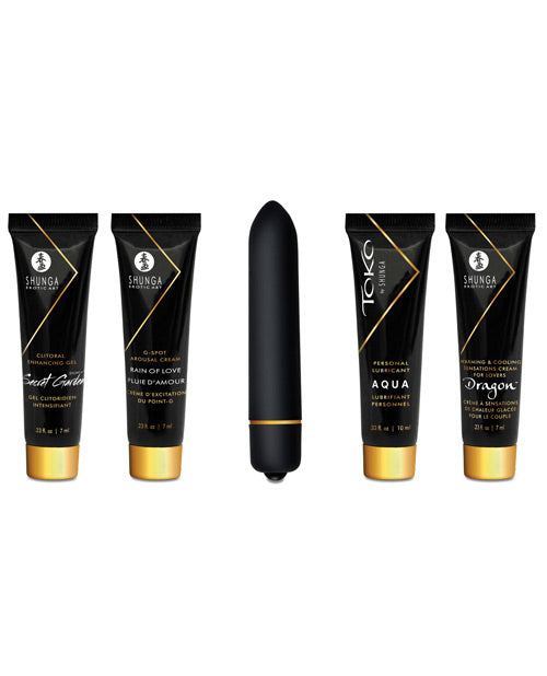 Everything included with the Shunga Naughty Geisha Collection, including four different tubes of creams and the bullet vibrator powered by a battery | Kinkly Shop