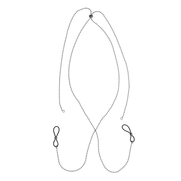 The Sex & Mischief Nipple Tied Body Jewelry laid flat on a plain white surface. Two nipple loops are attached to a long silver chain | Kinkly Shop