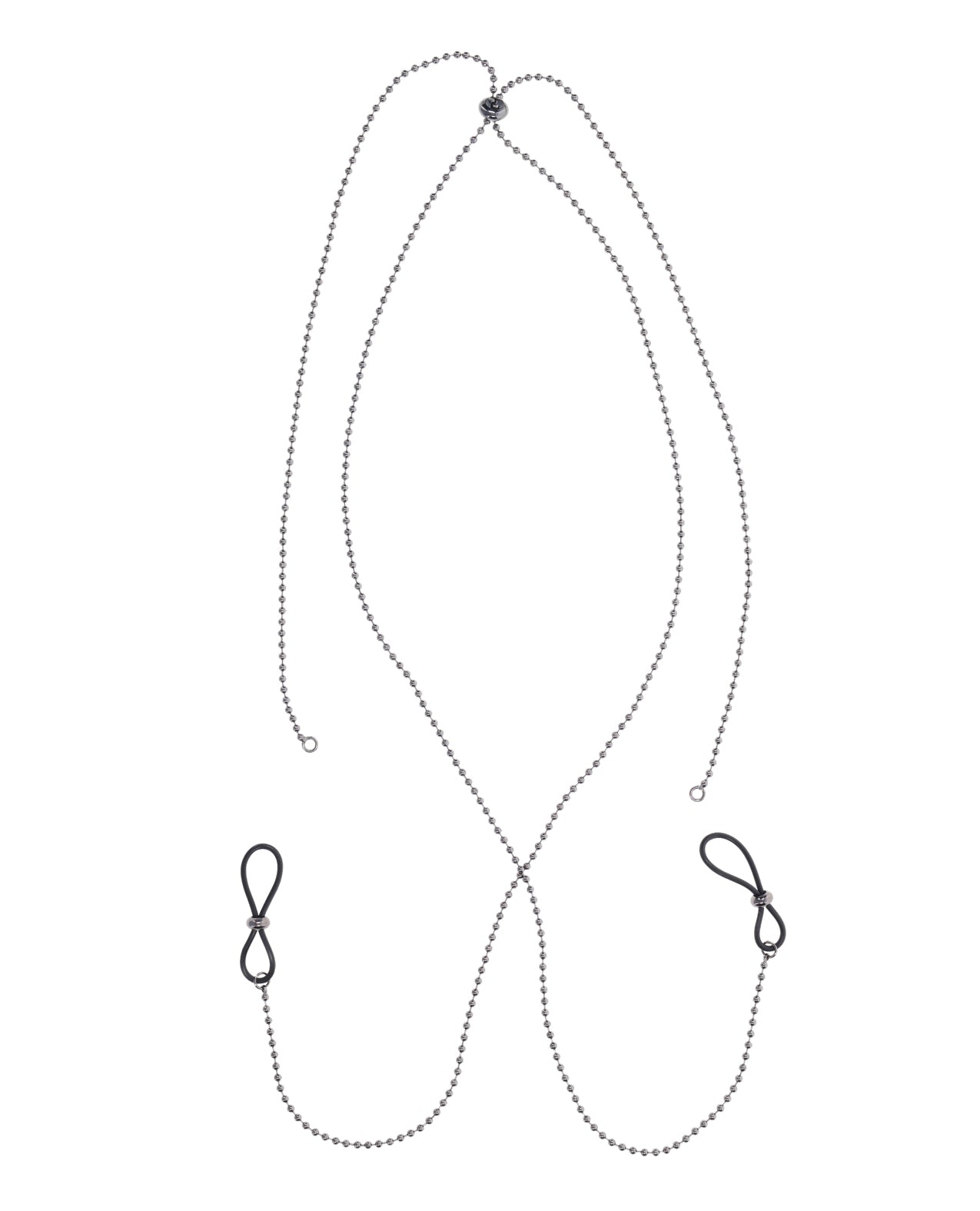 The Sex & Mischief Nipple Tied Body Jewelry laid flat on a plain white surface. Two nipple loops are attached to a long silver chain | Kinkly Shop