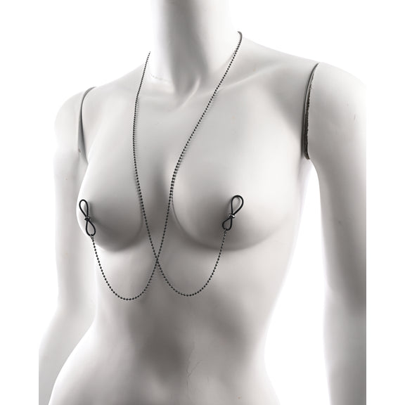 A mannequin is wearing the Sex & Mischief Nipple Tied Body Jewelry. The nipple loops hanging loosely off their nipples. | KInkly Shop