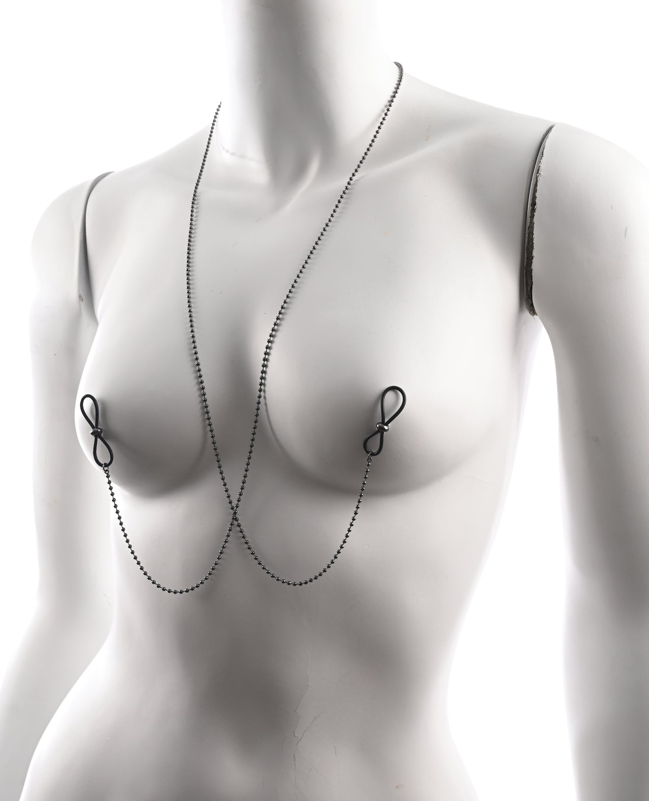 A mannequin is wearing the Sex & Mischief Nipple Tied Body Jewelry. The nipple loops hanging loosely off their nipples. | KInkly Shop