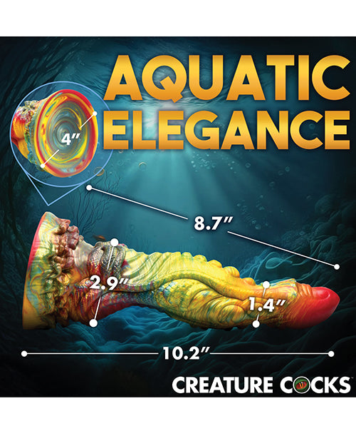 The Creature Cocks Majestic Merman with measurements superimposed over the length of the dildo. All measurements can be found within the product text description. | Kinkly