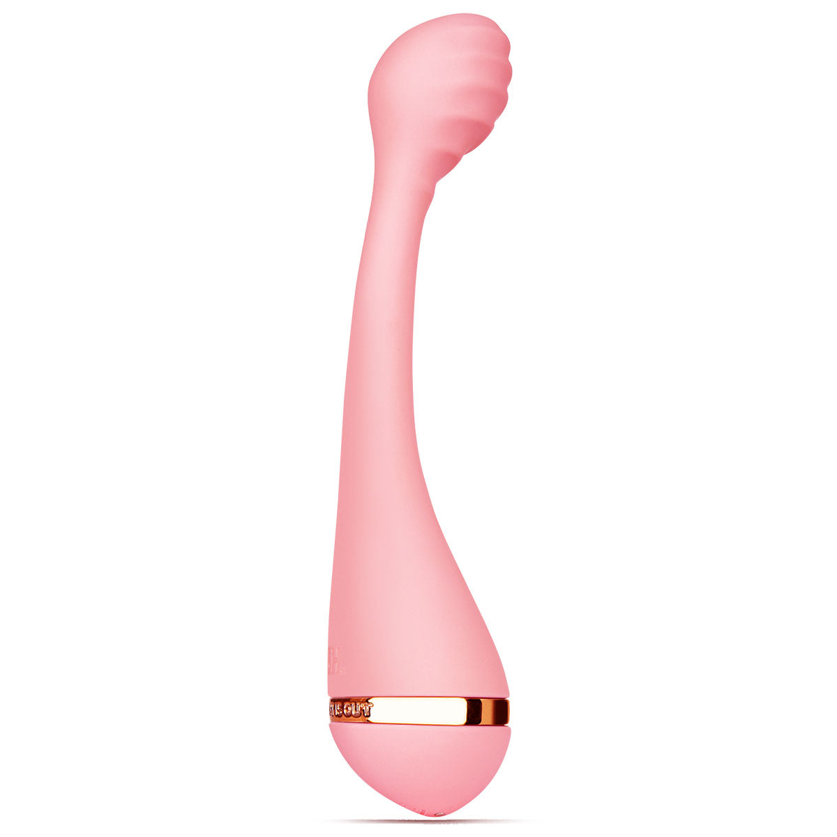 Side view of the length of the VUSH Myth vibrator, showcasing the curved g-spot tip that makes it easier to hit the innermost spot. | Kinkly