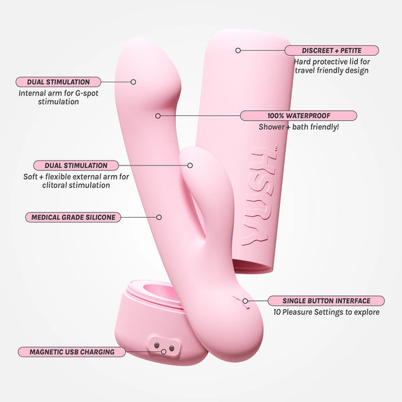 VUSH Glow with a list of written features around it. Text on the image reads: Dual stimulation. Internal arm for g-spot stim and external arm for clitoral stim. Medical grade silicone. Magnetic USB charging in travel case. Single button interface with 10 settings. 100% waterproof. Discreet and petite with protective case for traveling. | Kinkly