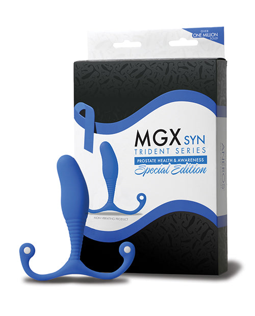 Packaging for the blue Special Edition of the Aneros MGX Syn Trident | Kinkly
